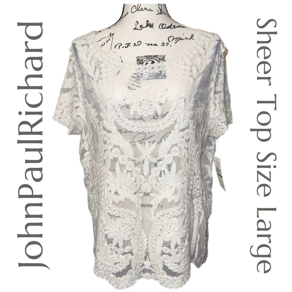 JohnPaulRichard Blouse Vintage-Inspired Boho Chic Sheer Embroidered NWT